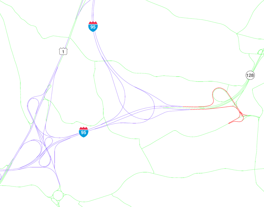 Figure 8 is a map of the part of Peabody near the interchange of I-95 and Route 128. The part of Route 128 between I-95 and the next interchange has been highlighted as a CUFC.
